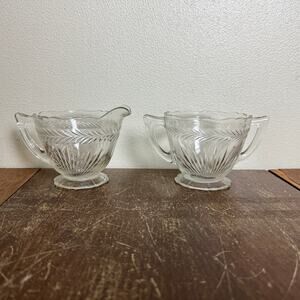 Vintage Jeanette Sunburst Pressed Clear Glass open Sugar and‎ Creamer Set